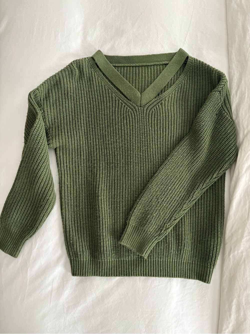 Olive Green V-Neck Knit Sweater - Women